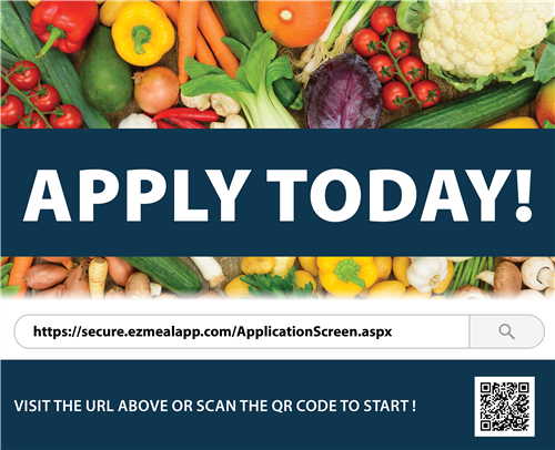 Image of brightly colored fruits and vegetables with the text "Apply Today!", a link and a QR code.