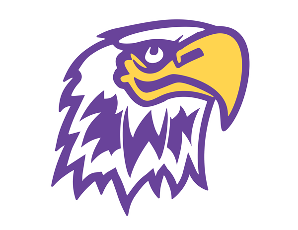 A school logo with a purple and yellow image of an eagle. 