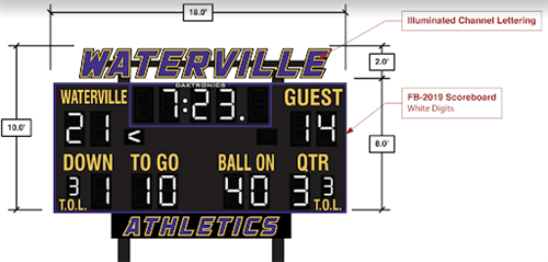 A graphic depicting dimensions of an illuminated scoreboard with the name "Waterville" in purple and yellow above and the text "Athletics" below. 