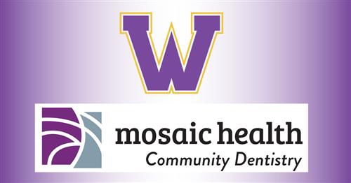 A purple and yellow "W" logo sits over a graphic that says "Mosaic Health Community Dentistry" with a purple background.